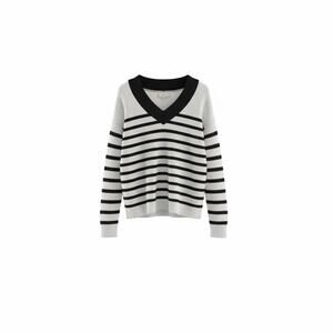 LOFT Black White Striped Sweater Small V Neck Long Sleeve Soft Knit